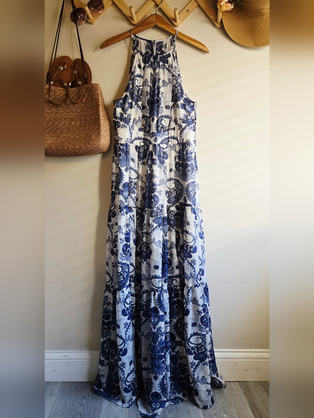 Bisou Bisou Blue and White Halter Maxi Dress